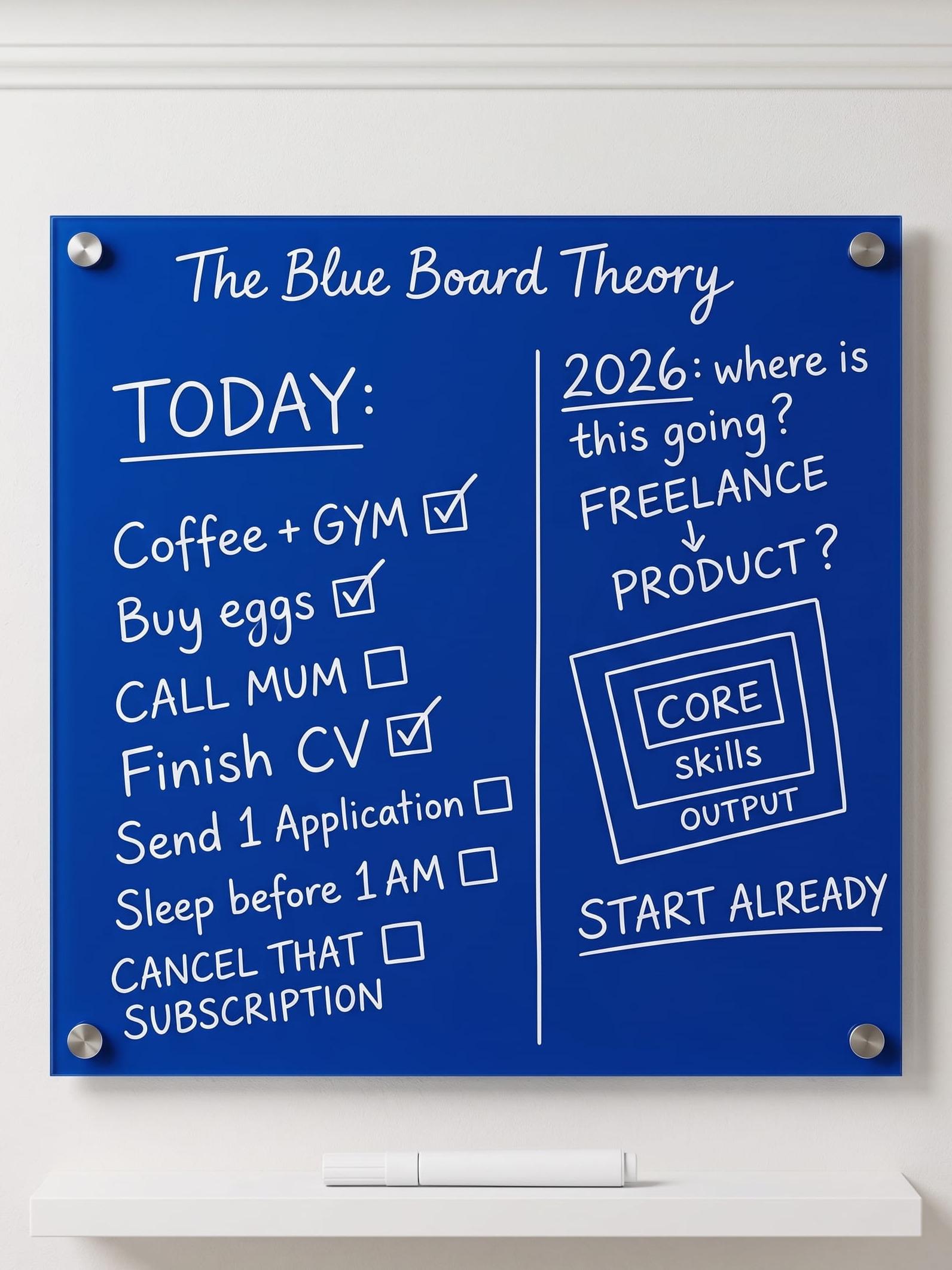 The Blue Board Theory in daily use: a today checklist on the left, a 2026 direction map on the right, written in white chalk marker.