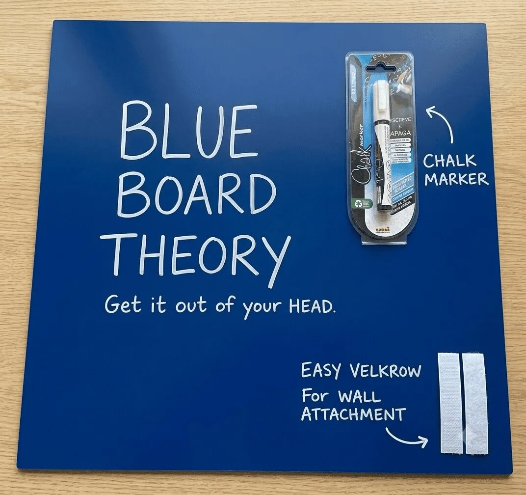 The board held against a wall showing the included mounting tape and white chalk marker.