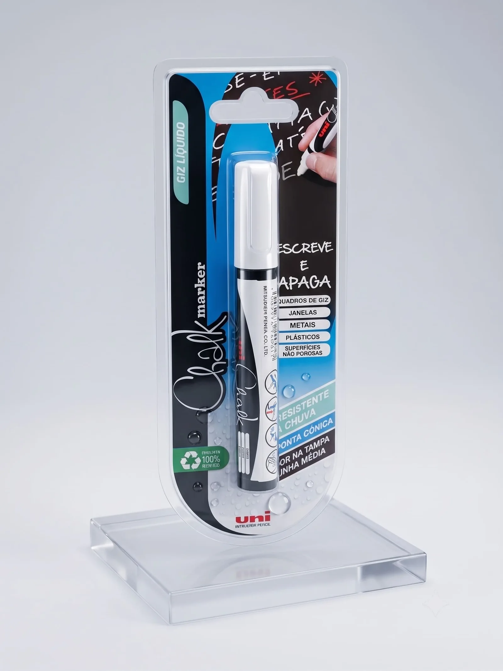 The neat white uni chalk marker that comes in the box, shown on a cobalt background.